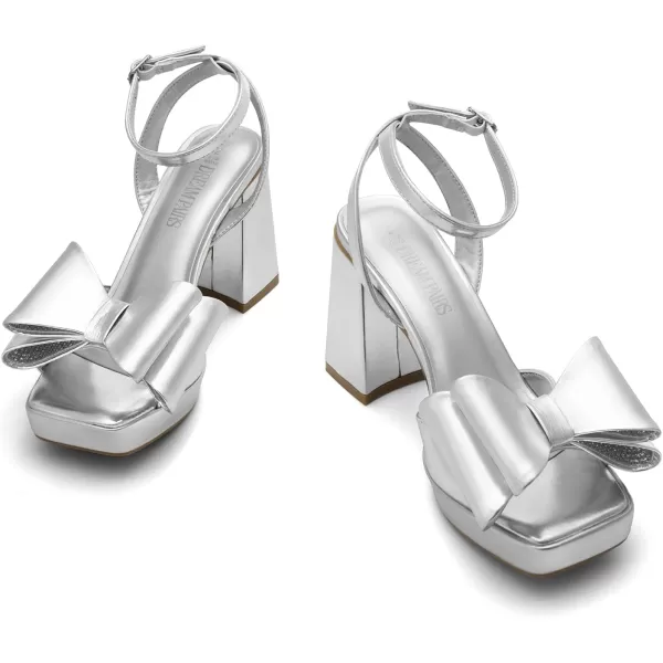 imageDREAM PAIRS Womens Platform Chunky Heels Fashion Bowknots High Block Square Toe Dress Sandals for Wedding Bridal PartySilverpu