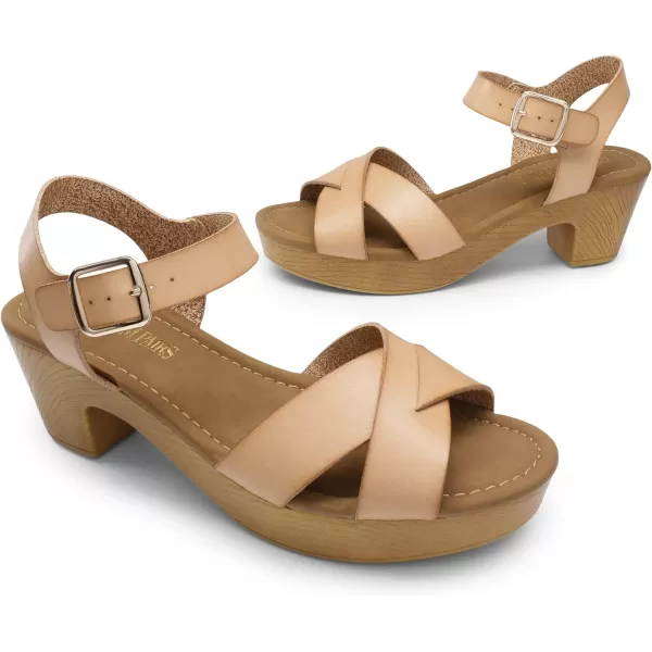 imageDREAM PAIRS Womens Platform Chunky Heels Faux Wood Block Heels Cute Open Toe Ankle Strap Crisscross Mid Heels Wedding Party Dance Pump Sandals ShoesNude