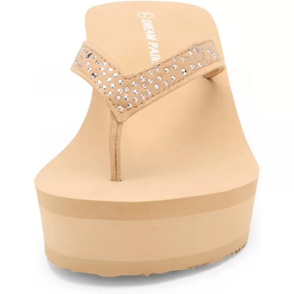 imageDREAM PAIRS Womens Platform Flip Flop Rhinestones Arch Support Comfortable Soft Cushion Wedge Flip Flops Summer Thong SandalsNude