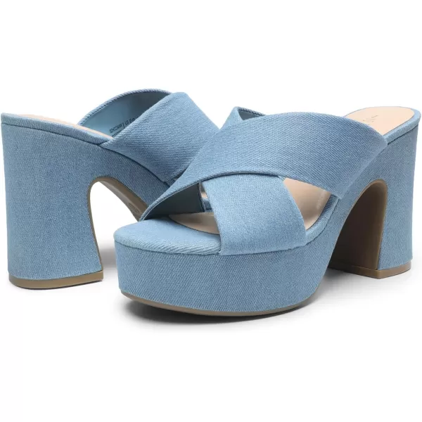 imageDREAM PAIRS Womens Platform Heels Open Toe Slip on Heels for Women High Chunky Block Wedges Sandals Dressy Pumps ShoesDenim Blue