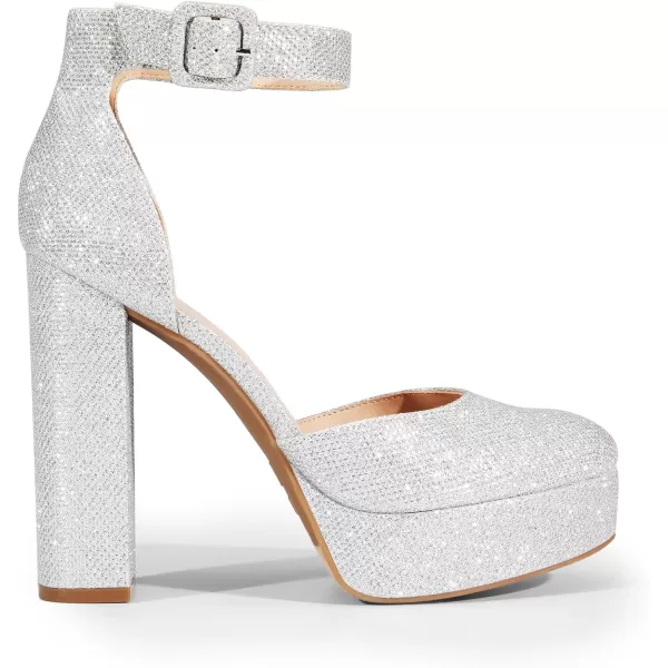 imageDREAM PAIRS Womens Platform High Chunky Heels Closed Toe Block Ankle Strap Dress Buckle Round Toe Wedding Party Comfortable Pumps ShoesSilverglitter