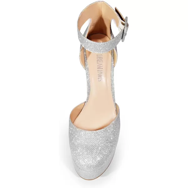 imageDREAM PAIRS Womens Platform High Chunky Heels Closed Toe Block Ankle Strap Dress Buckle Round Toe Wedding Party Comfortable Pumps ShoesSilverglitter
