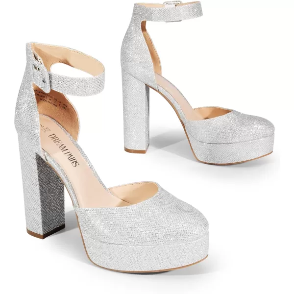 imageDREAM PAIRS Womens Platform High Chunky Heels Closed Toe Block Ankle Strap Dress Buckle Round Toe Wedding Party Comfortable Pumps ShoesSilverglitter