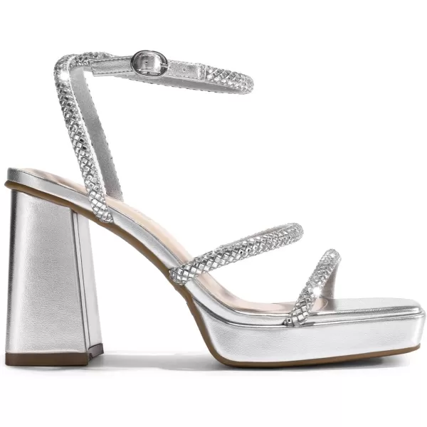 imageDREAM PAIRS Womens Platform Strappy Heels Open Toe Ankle Strap Square Party Sandals Y2K Dress ShoesSilver Rhinestone