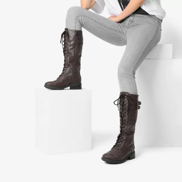 imageDREAM PAIRS Womens Pu Knee High Riding Combat BootsGeorgiabrown
