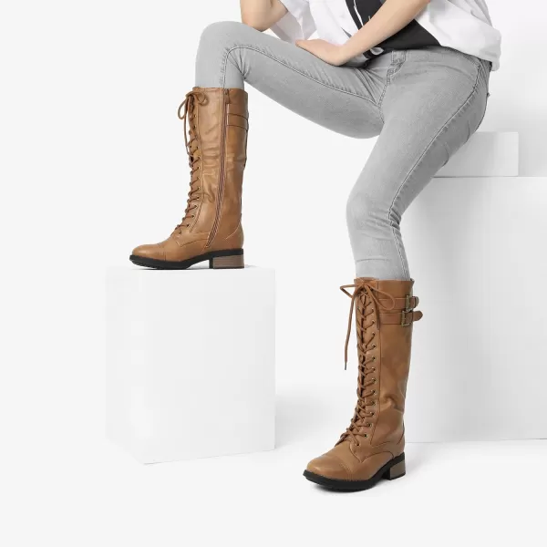 imageDREAM PAIRS Womens Pu Knee High Riding Combat BootsGeorgiacamel