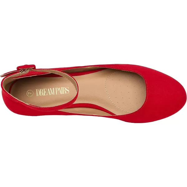 imageDREAM PAIRS Womens Revona Low Wedge Ankle Strap Flats ShoesRed Suede