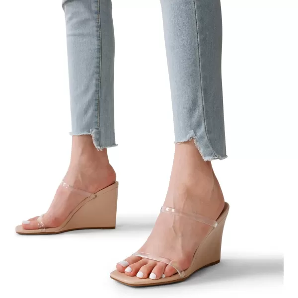 imageDREAM PAIRS Womens Slides Wedge Sandals Two Strap Square Open Toe Dress ShoesNude Clear