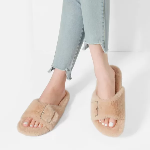 imageDREAM PAIRS Womens Slip on Fluffy House Slippers with Arch Support Soft Open Toe Indoor Outdoor Fuzzy Slide SlipperApricot