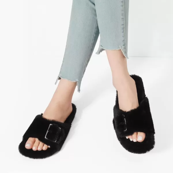 imageDREAM PAIRS Womens Slip on Fluffy House Slippers with Arch Support Soft Open Toe Indoor Outdoor Fuzzy Slide SlipperBlack