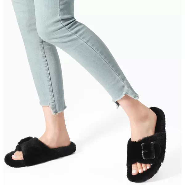 imageDREAM PAIRS Womens Slip on Fluffy House Slippers with Arch Support Soft Open Toe Indoor Outdoor Fuzzy Slide SlipperBlack
