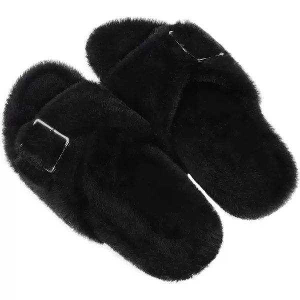 imageDREAM PAIRS Womens Slip on Fluffy House Slippers with Arch Support Soft Open Toe Indoor Outdoor Fuzzy Slide SlipperBlack
