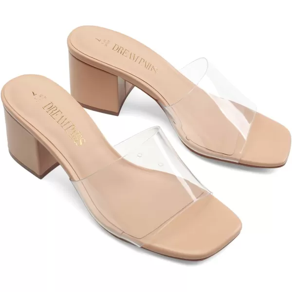 imageDREAM PAIRS Womens Square Open Toe Heels Sandals Low Block Chunky Heeled Sandals Slide Sandals Slip on Comfortable Casual Pumps ShoesNudeclear