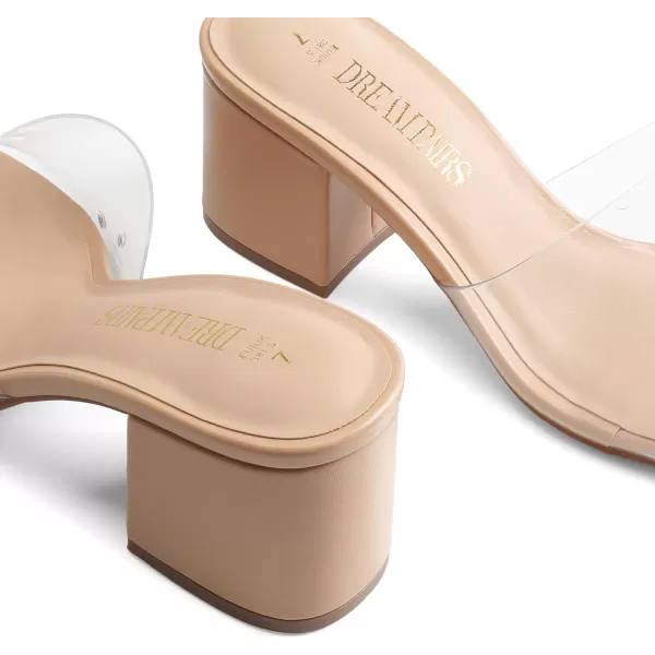 imageDREAM PAIRS Womens Square Open Toe Heels Sandals Low Block Chunky Heeled Sandals Slide Sandals Slip on Comfortable Casual Pumps ShoesNudeclear