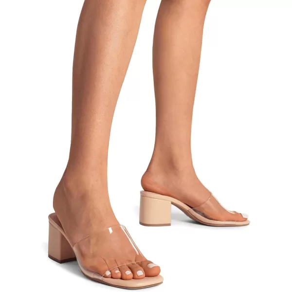 imageDREAM PAIRS Womens Square Open Toe Heels Sandals Low Block Chunky Heeled Sandals Slide Sandals Slip on Comfortable Casual Pumps ShoesNudeclear