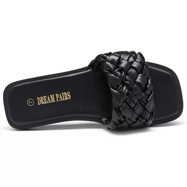 imageDREAM PAIRS Womens Square Open Toe Slide Sandals Cute Slip on Braided Strap Rhinestone Flat Sandals for SummerBlackWeave