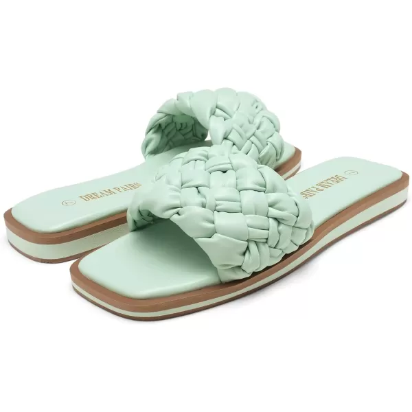 imageDREAM PAIRS Womens Square Open Toe Slide Sandals Cute Slip on Braided Strap Rhinestone Flat Sandals for SummerMint GreenWeave