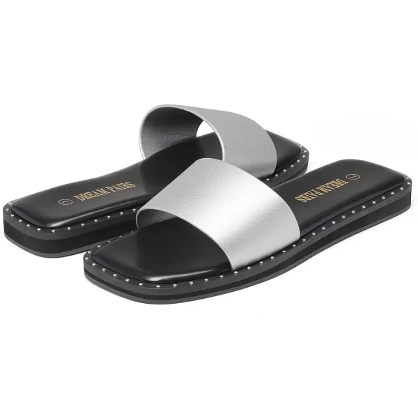 imageDREAM PAIRS Womens Square Open Toe Slide Sandals Cute Slip on Braided Strap Rhinestone Flat Sandals for SummerSilverPu