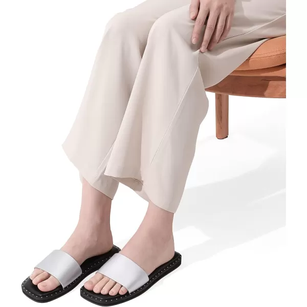 imageDREAM PAIRS Womens Square Open Toe Slide Sandals Cute Slip on Braided Strap Rhinestone Flat Sandals for SummerSilverPu