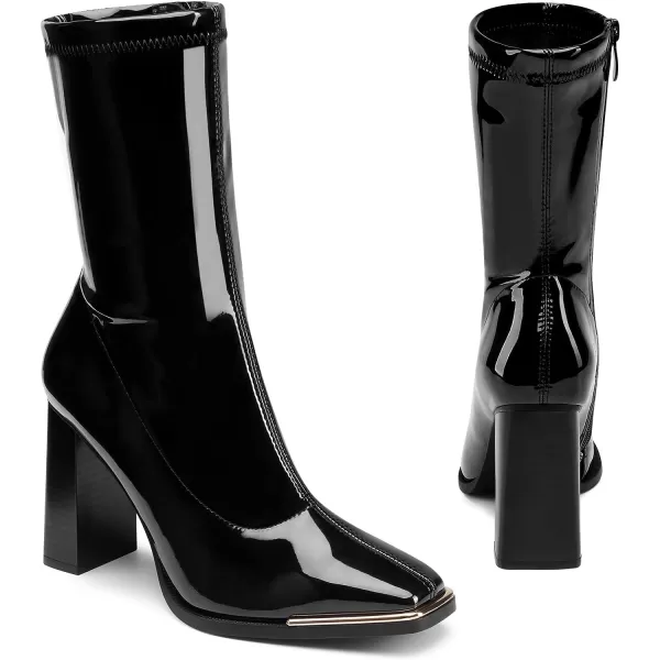 imageDREAM PAIRS Womens Square Toe Gogo Boots Elastic Ankle Boots High Chunky Block Heel Mid Calf BootsBlackPu