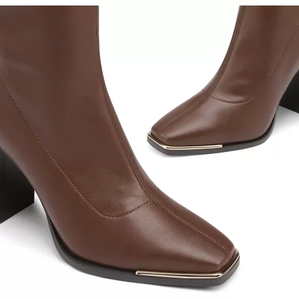imageDREAM PAIRS Womens Square Toe Gogo Boots Elastic Ankle Boots High Chunky Block Heel Mid Calf BootsBrownPu