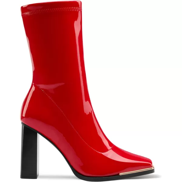 imageDREAM PAIRS Womens Square Toe Gogo Boots Elastic Ankle Boots High Chunky Block Heel Mid Calf BootsRedPu