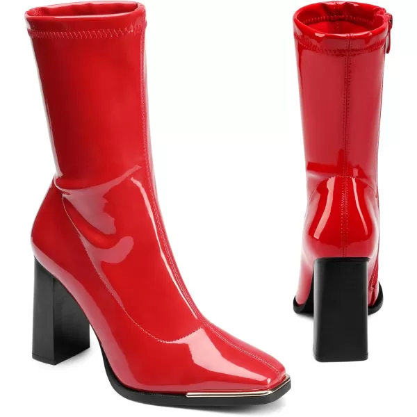 imageDREAM PAIRS Womens Square Toe Gogo Boots Elastic Ankle Boots High Chunky Block Heel Mid Calf BootsRedPu