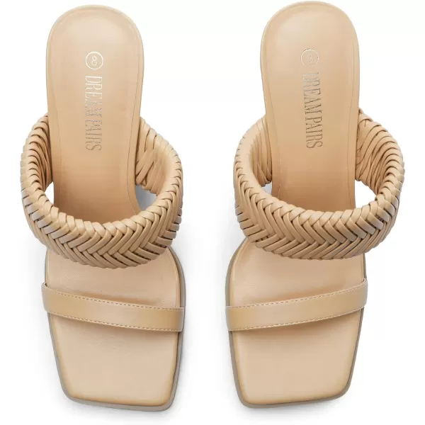 imageDREAM PAIRS Womens Square Toe Heels for Women Braided Open Toe Two Strap Slip on Heels Chunky Mules Sandals Party Wedding Dress Dating Pumps ShoesNude