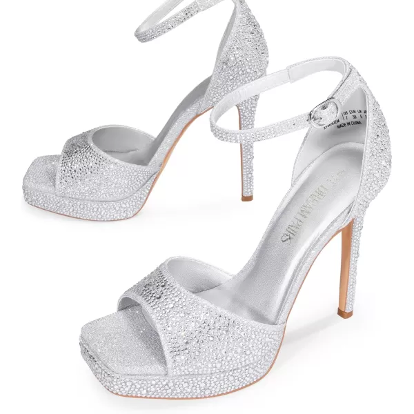 imageDREAM PAIRS Womens Stiletto High Heels Platform Ankle Strap Square Open Toe Dress Sexy SandalsSilverrhinestone