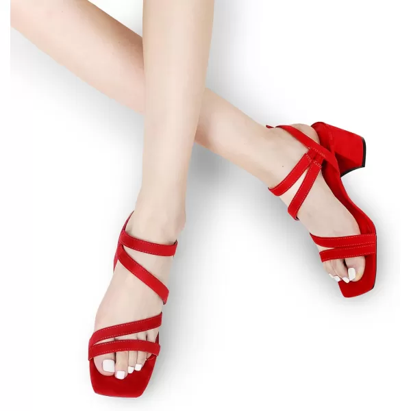 imageDREAM PAIRS Womens Strappy Chunky Heels Low Block Square Open Toe Sandals Dress Party ShoesRedsuede
