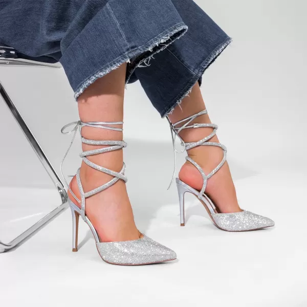 imageDREAM PAIRS Womens Strappy High Stilletos Heels Pointed Toe Sexy Slingback Lace Up Dress Wedding Pumps ShoesSilverrhinestone