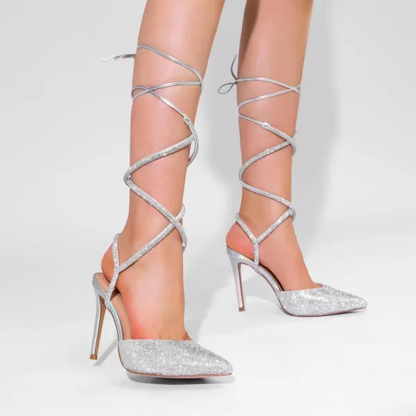 imageDREAM PAIRS Womens Strappy High Stilletos Heels Pointed Toe Sexy Slingback Lace Up Dress Wedding Pumps ShoesSilverrhinestone