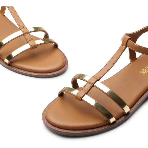 imageDREAM PAIRS Womens TStrap Gladiator Flat Sandals with Open Toe Strappy Metal Buckle for SummerBrown