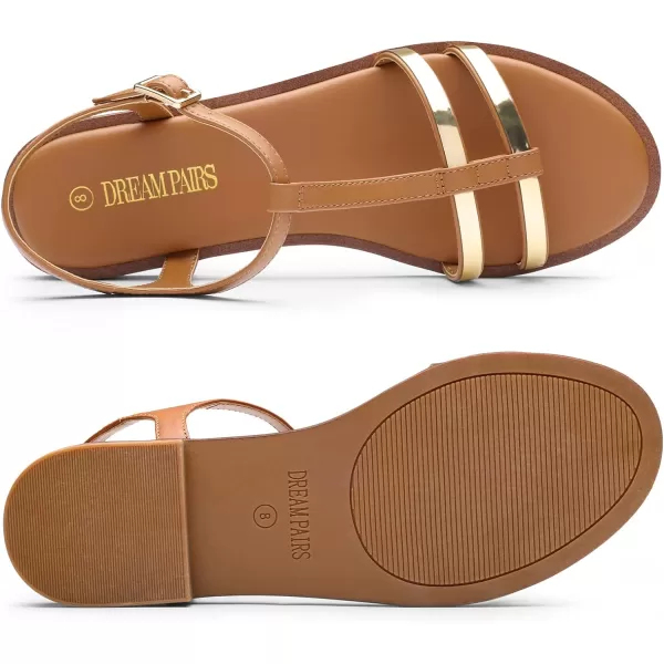 imageDREAM PAIRS Womens TStrap Gladiator Flat Sandals with Open Toe Strappy Metal Buckle for SummerBrown