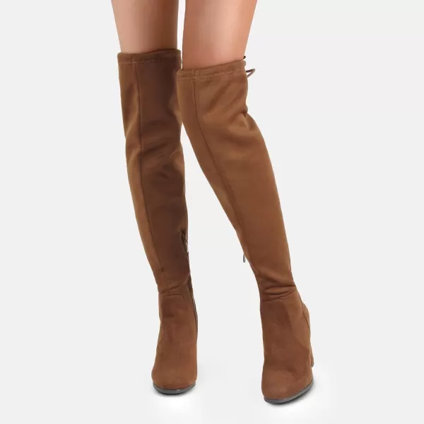 imageDREAM PAIRS Womens Thigh High Fashion Boots Over The Knee Block Heel BootsBrownSuede