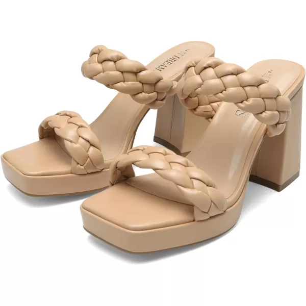 imageDREAM PAIRS Womens Two Braided Strap High Chunky Heels for Women Slip on Open Square Toe Block Platform Heels Sandals Holiday Party Wedding Dress Pumps ShoesNudepu