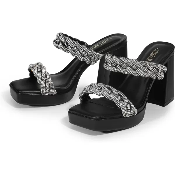 imageDREAM PAIRS Womens Two Rhinestone Braided Strap High Chunky Heels for Women Slip on Open Square Toe Block Platform Heels Sandals Holiday Party Wedding Dress ShoesBlackrhinestone