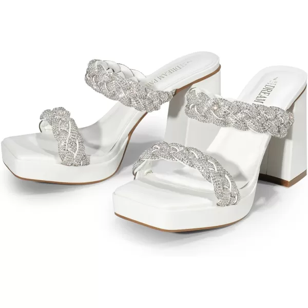 imageDREAM PAIRS Womens Two Rhinestone Braided Strap High Chunky Heels for Women Slip on Open Square Toe Block Platform Heels Sandals Holiday Party Wedding Dress ShoesWhiterhinestone