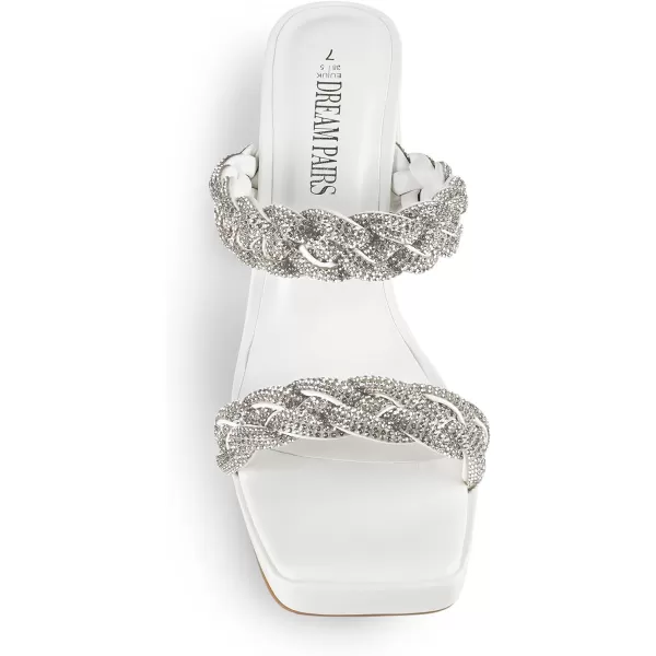 imageDREAM PAIRS Womens Two Rhinestone Braided Strap High Chunky Heels for Women Slip on Open Square Toe Block Platform Heels Sandals Holiday Party Wedding Dress ShoesWhiterhinestone