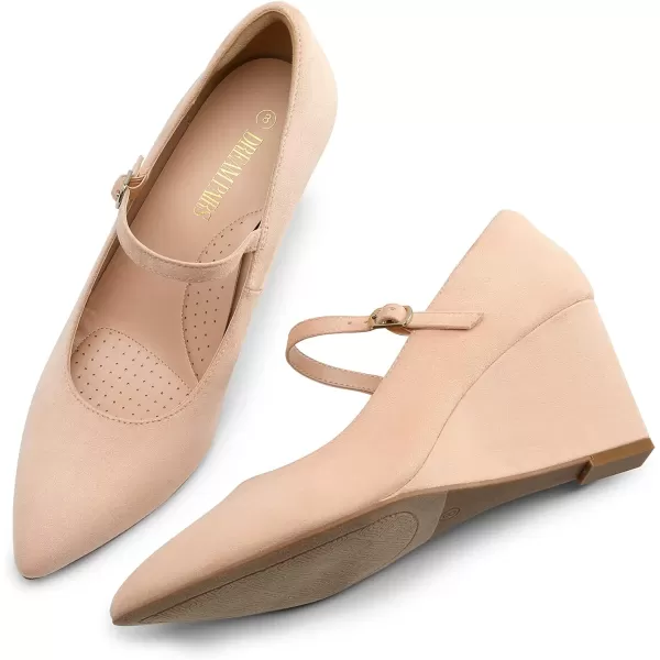 imageDREAM PAIRS Womens Wedges Closed Toe Mary Jane High Heels Dress Work Pointed Toe Wedding Bride Office Pumps ShoesNudesuede