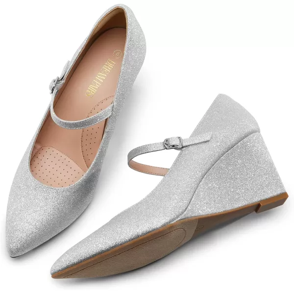 imageDREAM PAIRS Womens Wedges Closed Toe Mary Jane High Heels Dress Work Pointed Toe Wedding Bride Office Pumps ShoesSilverglitter