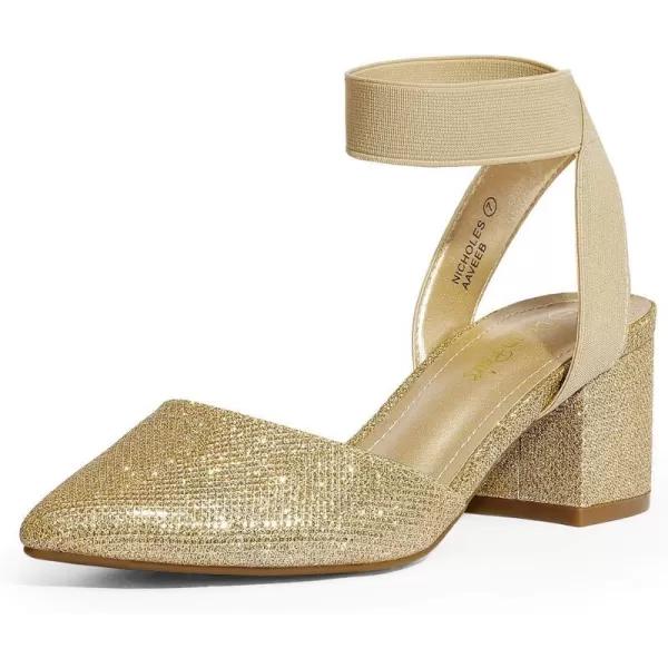imageDREAM PAIRS ANNEE Pointed Toe Low Chunky Heels Pump ShoesGoldGlittern