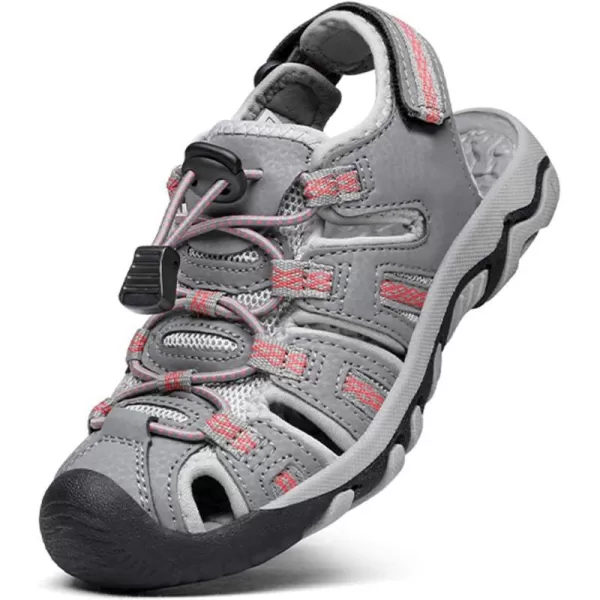 imageDREAM PAIRS Boys Girls Summer Outdoor Athletic Sport Sandals Walking Hiking Hook and Loop Adjustable Multicolor for ToddlerLittleBig KidsLightGreyCoral