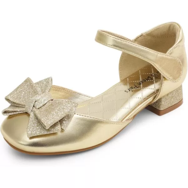 imageDREAM PAIRS Girls Dress Shoes Closed Toe Low Heels Ankle Strap Bow Ballet Wedding Party Sandals Princess Flower ShoesGold