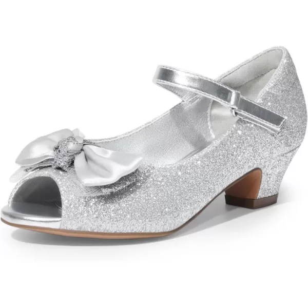 imageDREAM PAIRS Girls Heels Dress Shoes Party Wedding Bow Flower Girl Flats Princess Open Toe Sandals for Little KidBig KidSilverglitter