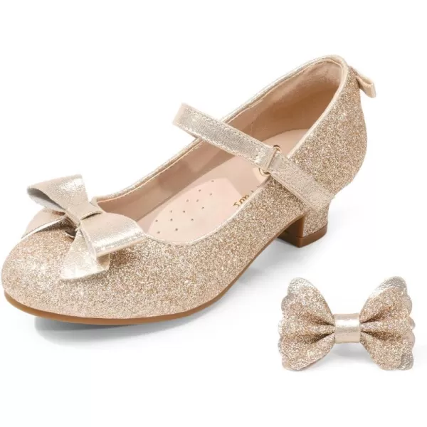 imageDREAM PAIRS Girls Low Heel Dress Shoes Interchangeable Bow Glitter Wedding Party Mary Jane Shoes ToddlerLittle KidGold