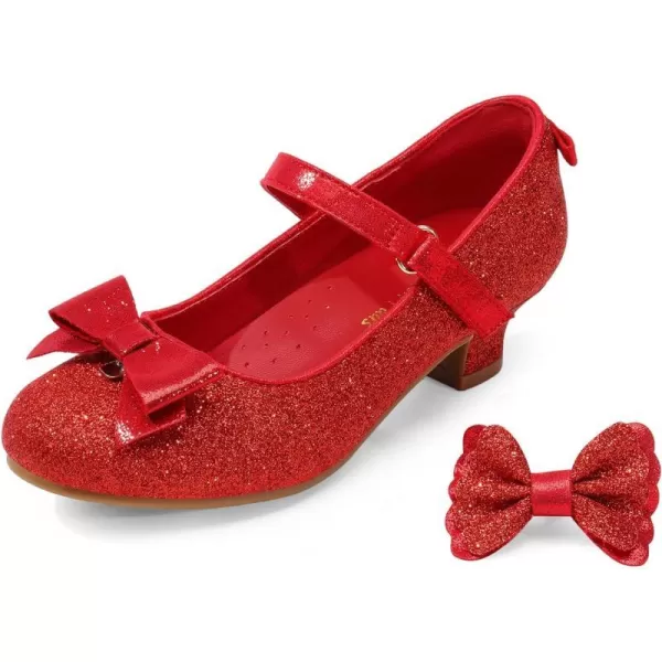 imageDREAM PAIRS Girls Low Heel Dress Shoes Interchangeable Bow Glitter Wedding Party Mary Jane Shoes ToddlerLittle KidRed