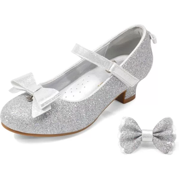 imageDREAM PAIRS Girls Low Heel Dress Shoes Interchangeable Bow Glitter Wedding Party Mary Jane Shoes ToddlerLittle KidSilver