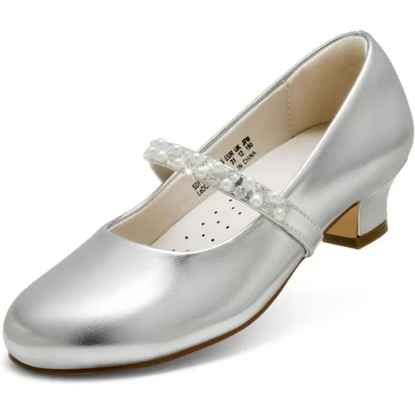 imageDREAM PAIRS Girls Low Heel Dress Shoes Mary Jane Pearl Flower Girl Pumps Princess Wedding PartySilver