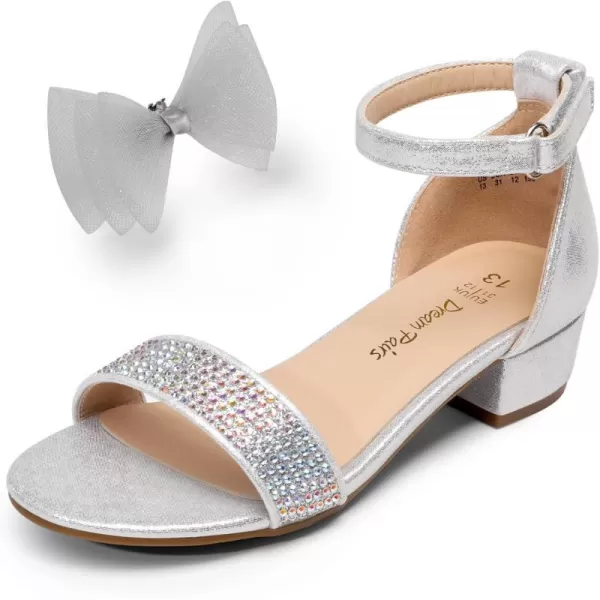 imageDREAM PAIRS Girls Sandals Low Heel Dress Pump Ankle Strap Interchangeable Bow Flower Wedding Party Shoes for Little KidBig KidSilver